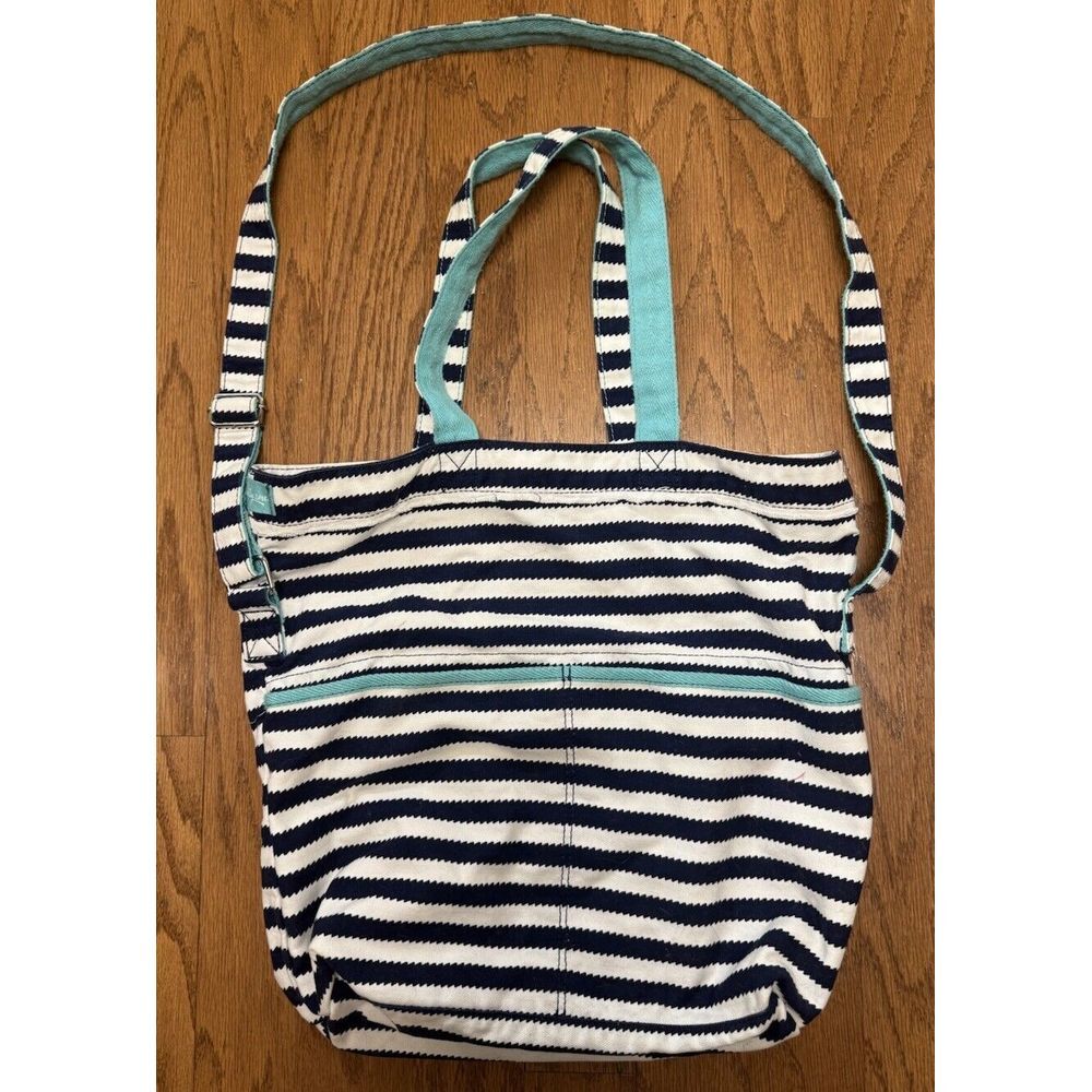 Thirty One Retro Metro Foldover Navy White Striped Double Handle Canvas Pockets